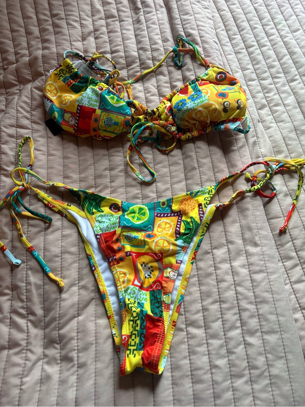 Yellow fruit print Tie-Side Bikini